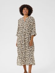 Cream Leopard 100% Linen Maxi Cream Shirt Dress - Image 1 of 4