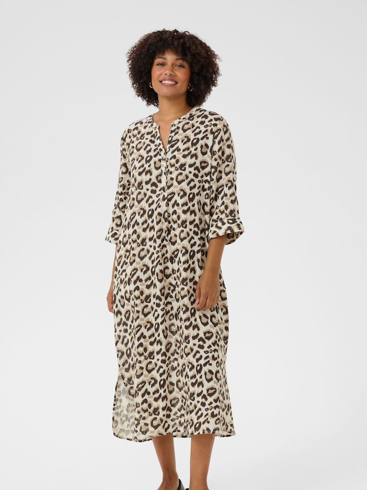 Cream Leopard 100% Linen Maxi Cream Shirt Dress - Image 1 of 4