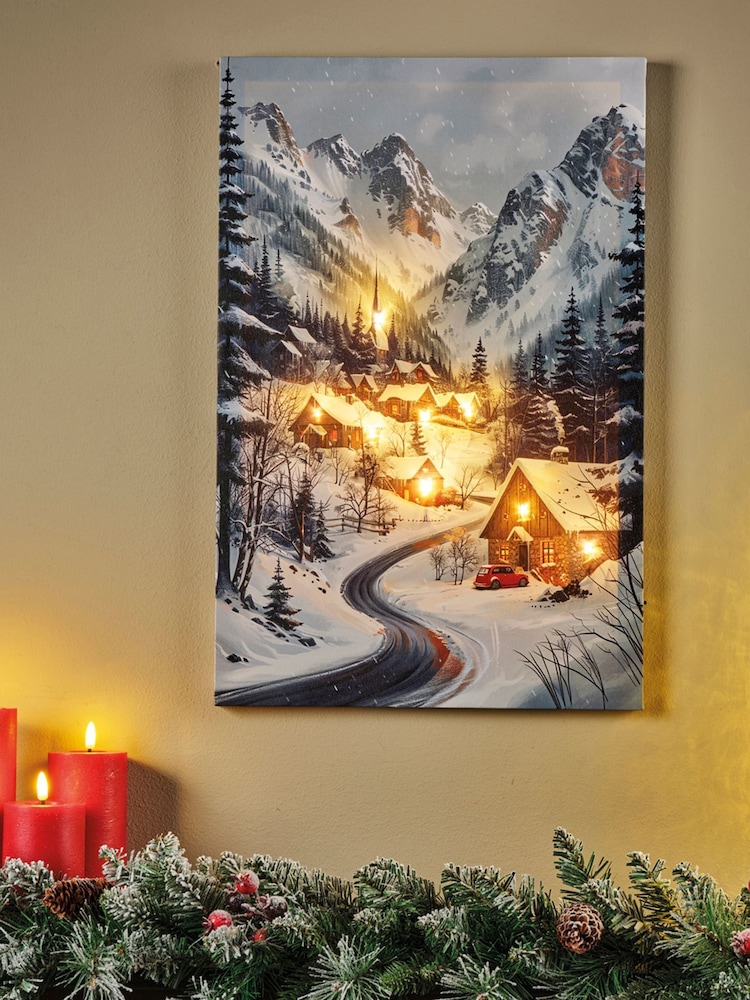 Lumineo White Log Cabins and Mountains LED Wall Art - Image 1 of 2