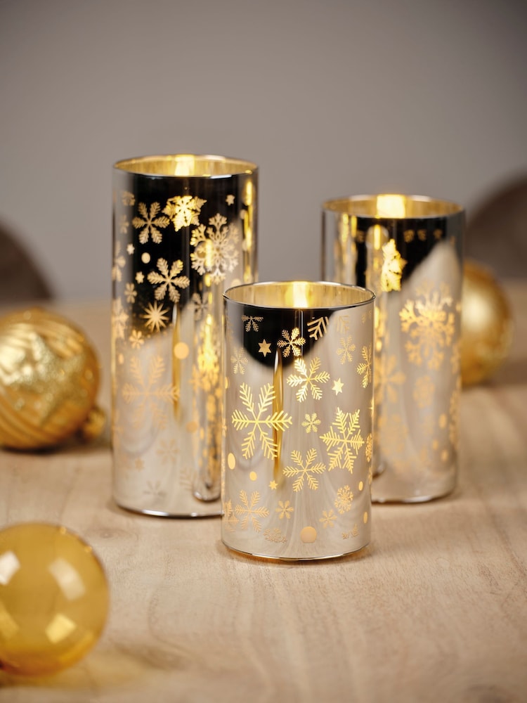 Lumineo Set of 3 Silver Tone Etched Glass Christmas Design LED Candles - Image 1 of 4 Lumineo Set of 3 Silver Tone Etched Glass Christmas Design LED Candles - Image 1 of 4