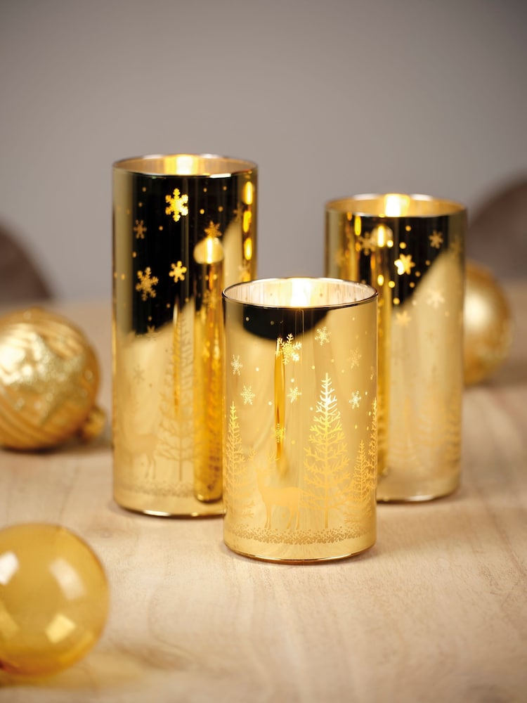 Lumineo Set of 3 Gold Tone Etched Glass Christmas Design LED Candles - Image 1 of 2 Lumineo Set of 3 Gold Tone Etched Glass Christmas Design LED Candles - Image 1 of 2