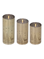 Lumineo Set of 3 Gold Tone Etched Glass Christmas Design LED Candles - Image 2 of 2