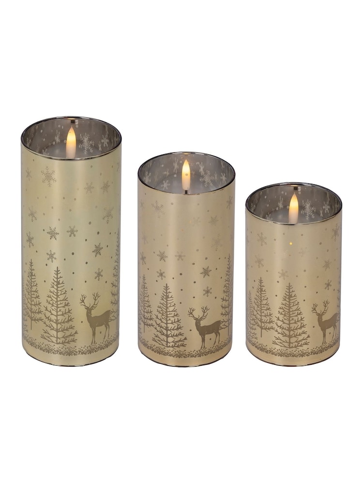 Lumineo Set of 3 Gold Tone Etched Glass Christmas Design LED Candles - Image 2 of 2 Lumineo Set of 3 Gold Tone Etched Glass Christmas Design LED Candles - Image 2 of 2