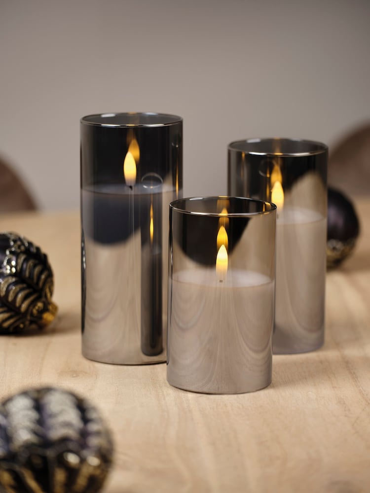 Lumineo Set of 3 Smoke Grey Glass LED Candles - Image 1 of 3 Lumineo Set of 3 Smoke Grey Glass LED Candles - Image 1 of 3