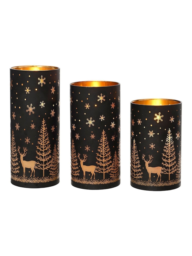 Lumineo Set of 3 Black Etched Glass Christmas Design LED Candles - Image 2 of 2 Lumineo Set of 3 Black Etched Glass Christmas Design LED Candles - Image 2 of 2