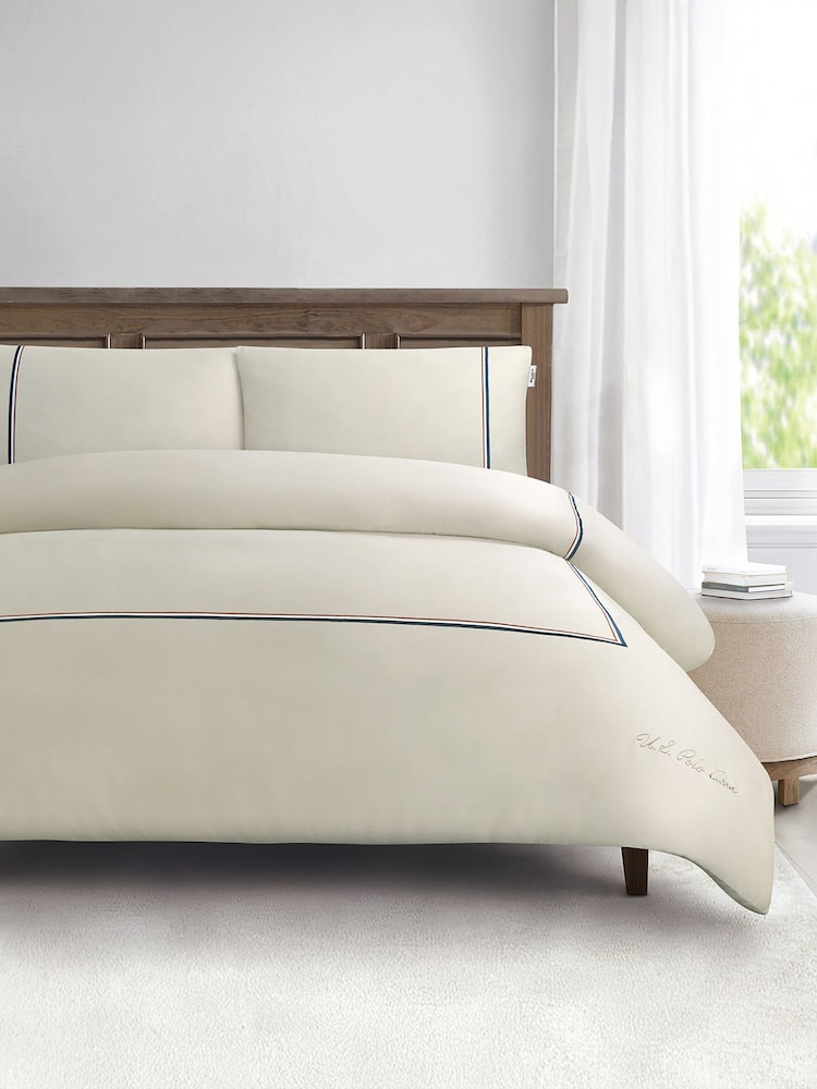 U.S. Polo Assn. Oatmeal Luxury Cotton Brand Stripe Duvet Set - Image 1 of 4