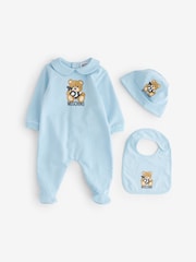 Moschino Blue Baby Logo Sleepsuit, Hat & Bib Giftset With Giftbox - Image 1 of 11