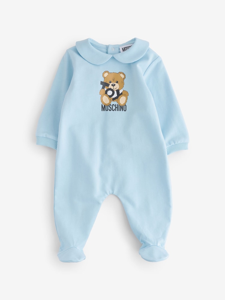 Moschino Blue Baby Logo Sleepsuit, Hat & Bib Giftset With Giftbox - Image 2 of 11