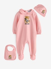 Moschino Pink Baby Logo Sleepsuit, Hat & Bib Giftset With Giftbox - Image 1 of 7