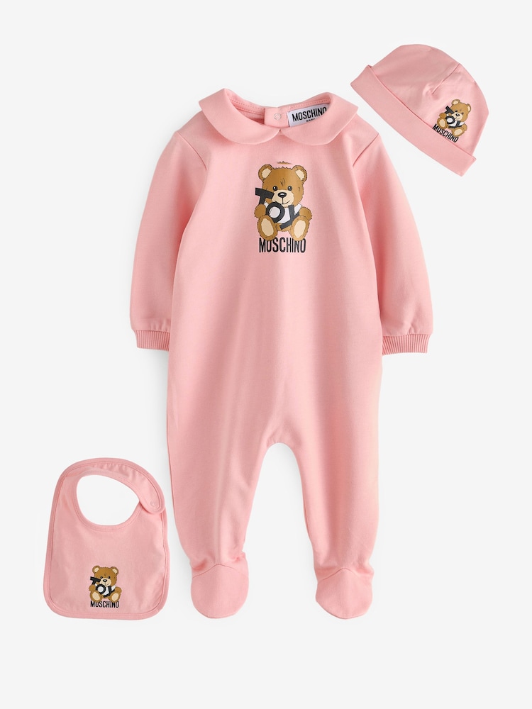 Moschino Pink Baby Logo Sleepsuit, Hat & Bib Giftset With Giftbox - Image 1 of 7