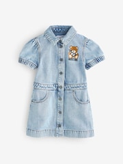 Moschino Blue Logo Denim Dress With Puff Sleeves - Image 1 of 4
