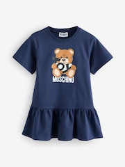 Blauw - Moschino Logo Jersey Short Sleeve Dress With Peplum Hem - Image 1 of 5