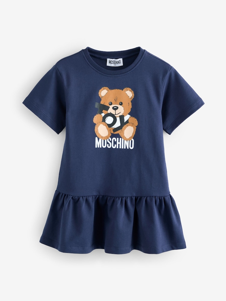 Blauw - Moschino Logo Jersey Short Sleeve Dress With Peplum Hem - Image 1 of 5