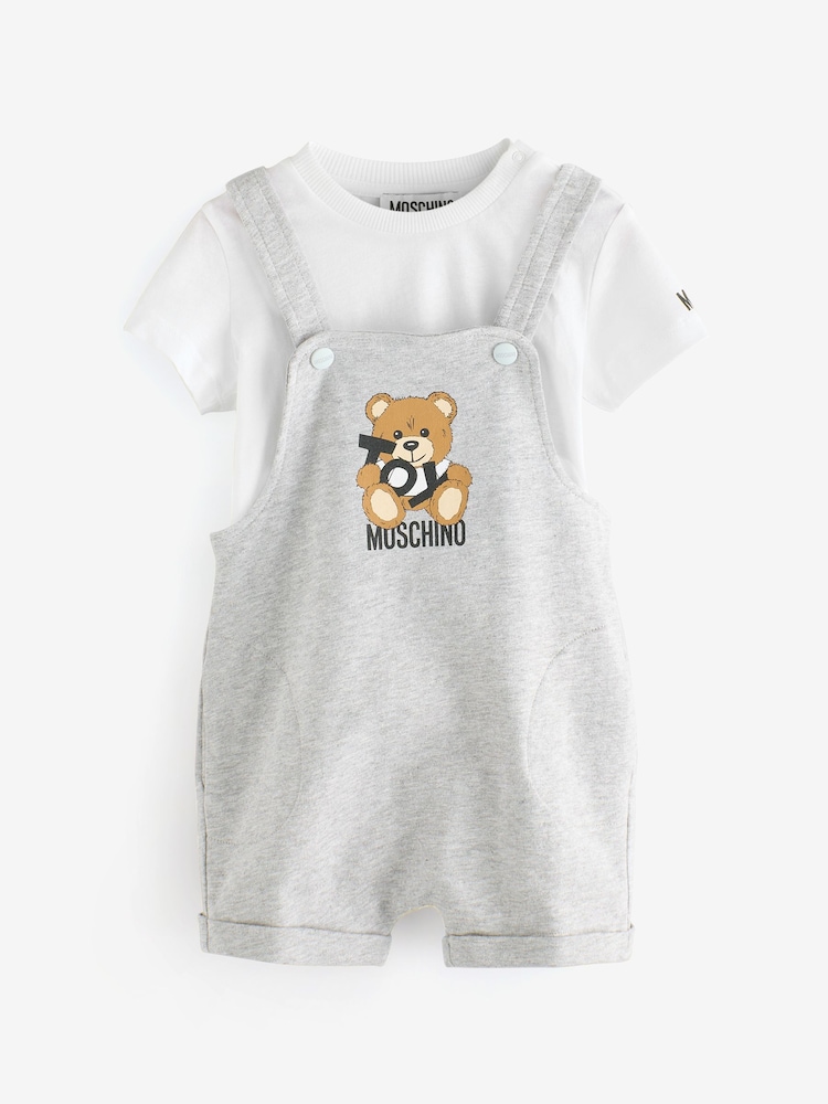 Moschino Grey Baby Logo Short Sleeve T-Shirt and Dungarees Set - Image 1 of 6