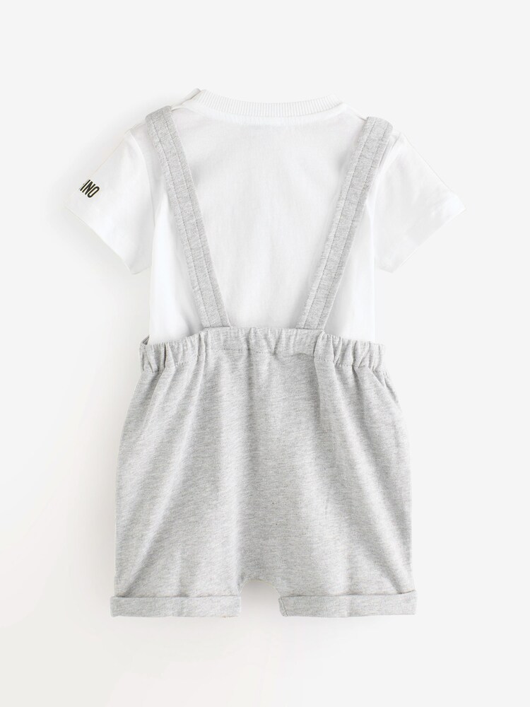 Moschino Grey Baby Logo Short Sleeve T-Shirt and Dungarees Set - Image 2 of 6 Moschino Grey Baby Logo Short Sleeve T-Shirt and Dungarees Set - Image 2 of 6
