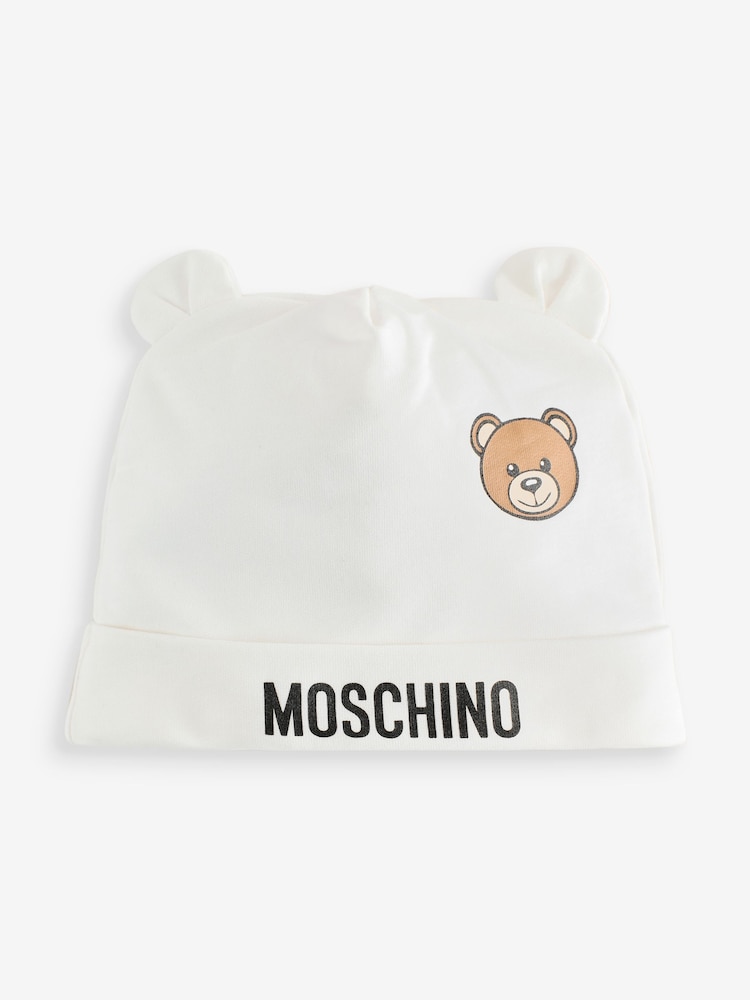 Moschino Cream Baby Logo Hat and Bib Giftset With Giftbox - Image 2 of 5 Moschino Cream Baby Logo Hat and Bib Giftset With Giftbox - Image 2 of 5
