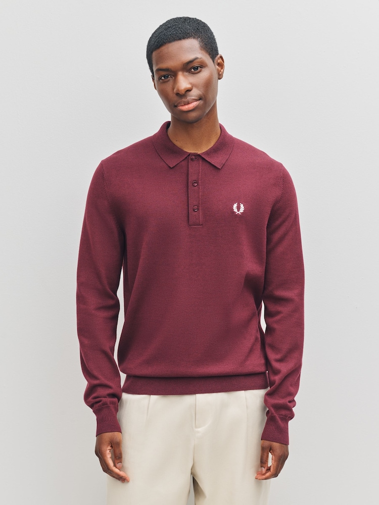 Fred Perry Red Long Sleeve Classic Knitted Shirt - Image 1 of 5