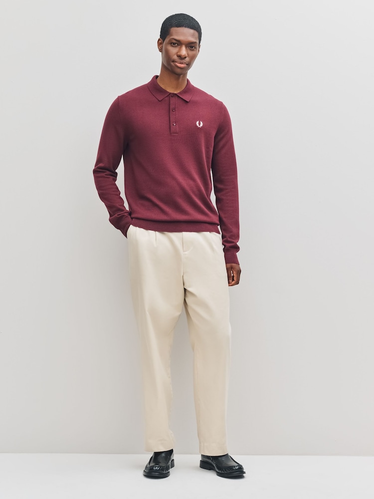 Fred Perry Red Long Sleeve Classic Knitted Shirt - Image 2 of 5