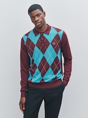 Fred Perry Red Argyle Long Sleeve Knitted Shirt - صورة 1 من 6