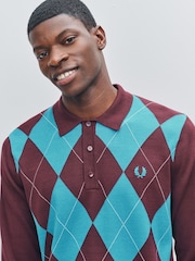 Fred Perry Red Argyle Long Sleeve Knitted Shirt - صورة 2 من 6