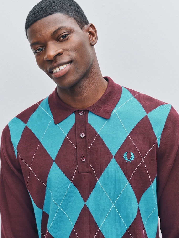 Fred Perry Red Argyle Long Sleeve Knitted Shirt - صورة 2 من 6