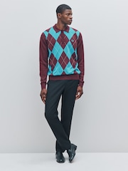 Fred Perry Red Argyle Long Sleeve Knitted Shirt - صورة 4 من 6