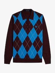 Fred Perry Red Argyle Long Sleeve Knitted Shirt - صورة 6 من 6