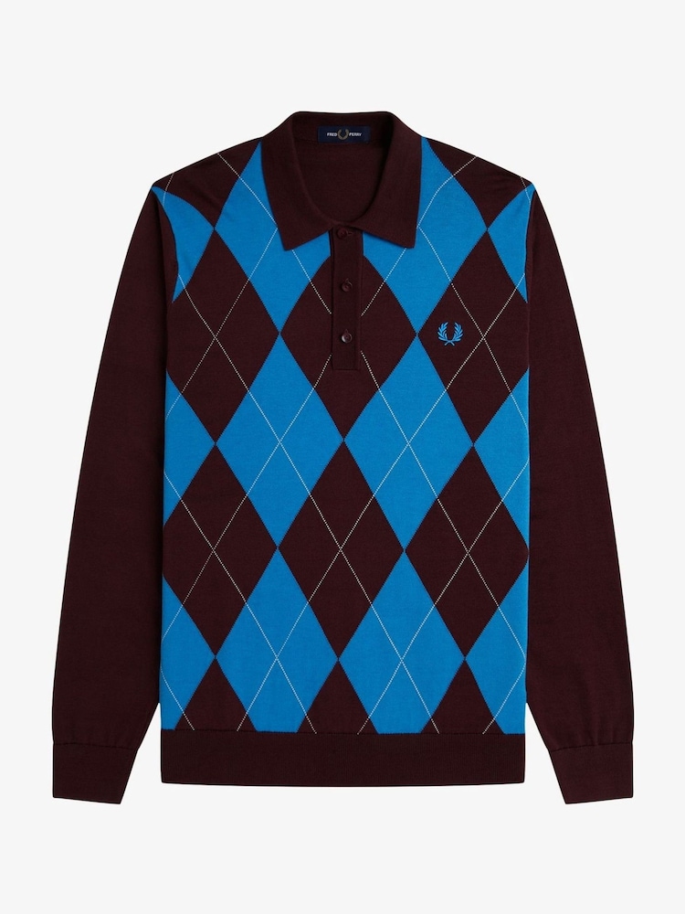 Fred Perry Red Argyle Long Sleeve Knitted Shirt - صورة 6 من 6