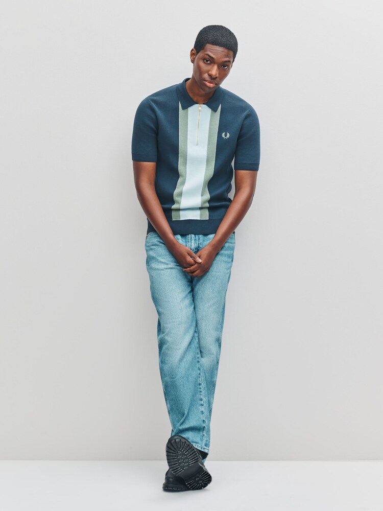 Fred Perry Blue Textured Stripe Knitted Shirt - Image 2 of 5
