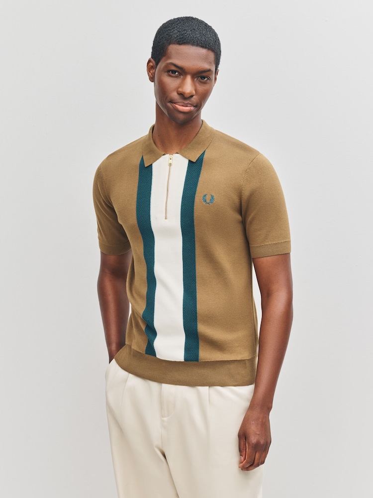 Fred Perry Textured Stripe Knitted Brown Shirt - Image 1 of 6