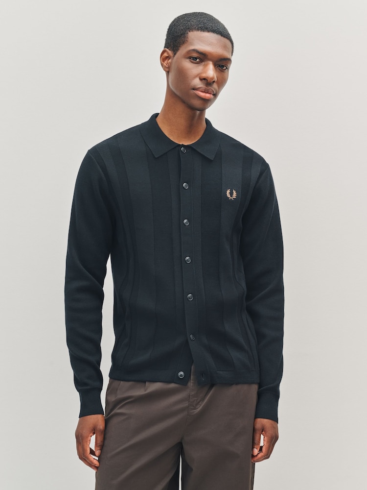 Fred Perry Button Through Knitted Black Shirt - Image 1 of 5
