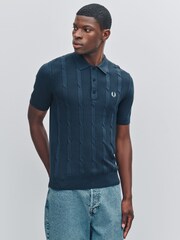 Fred Perry Blue Blue Textured Cable Polo Shirts - Image 1 of 5
