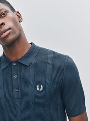 Fred Perry Blue Blue Textured Cable Polo Shirts - Image 4 of 5
