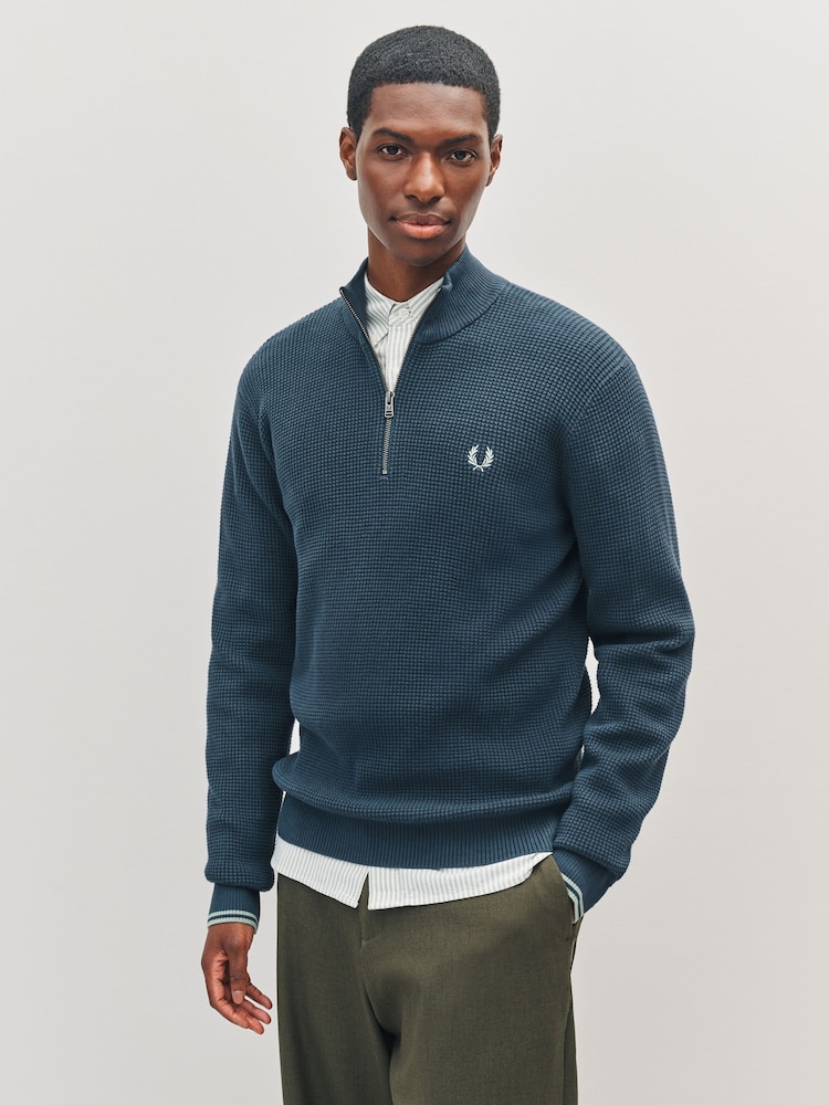 Fred Perry Blue Waffle Stitch Half Zip Jumper - Image 1 of 5