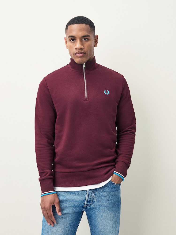 Fred Perry Red Red Half Zip Sweatshirt - Image 1 of 7 Fred Perry Red Red Half Zip Sweatshirt - Image 1 of 7