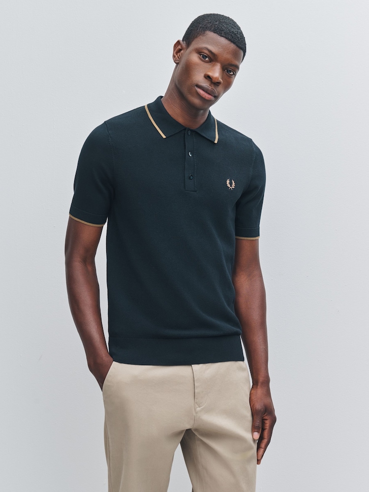 Fred Perry Green Fred Perry Pique Stitch Knitted Black Polo Shirt - Image 1 of 5