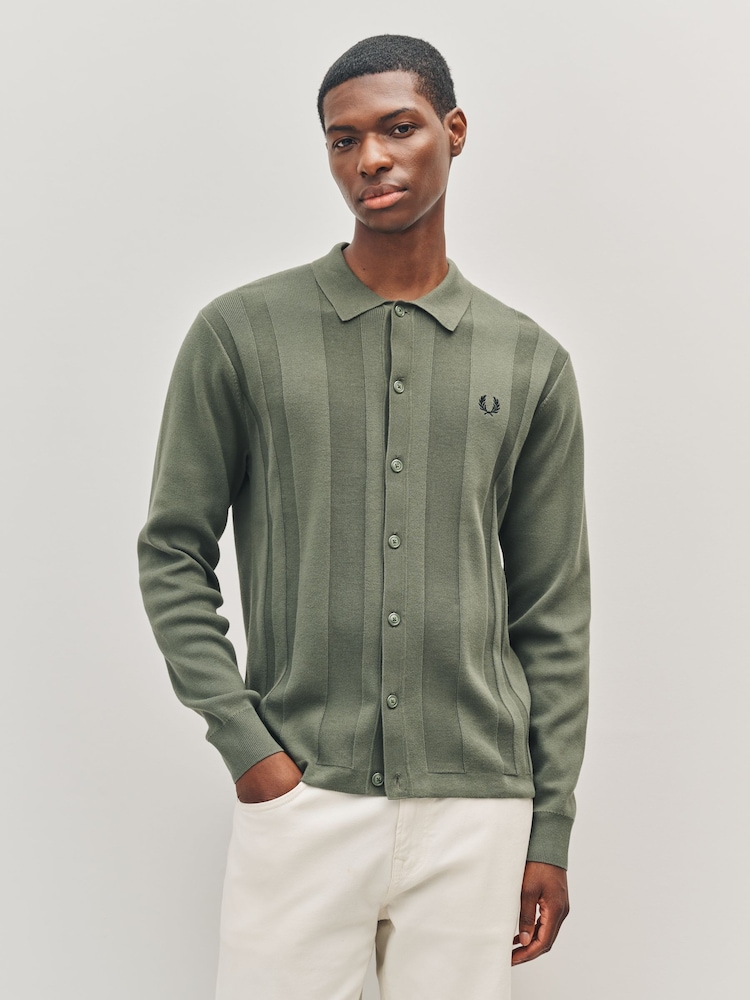 Fred Perry Green Button Through Knitted Shirt - Image 1 of 5
