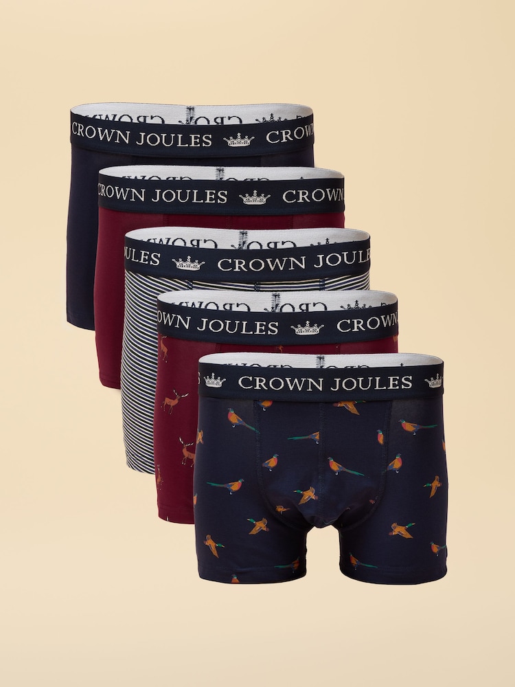 Joules Crown Joules Navy/Burgundy Pack of Five Cotton Jersey Boxer Shorts - Image 1 of 6 Joules Crown Joules Navy/Burgundy Pack of Five Cotton Jersey Boxer Shorts - Image 1 of 6
