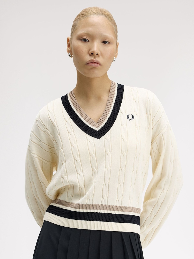 Fred Perry Natural Bold Tipped Cable Knit Jumper - Image 2 of 6 Fred Perry Natural Bold Tipped Cable Knit Jumper - Image 2 of 6