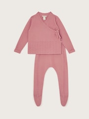 Monsoon Pink Newborn Knit 100% Cotton Cardigan and Leggings Set - Image 1 of 3