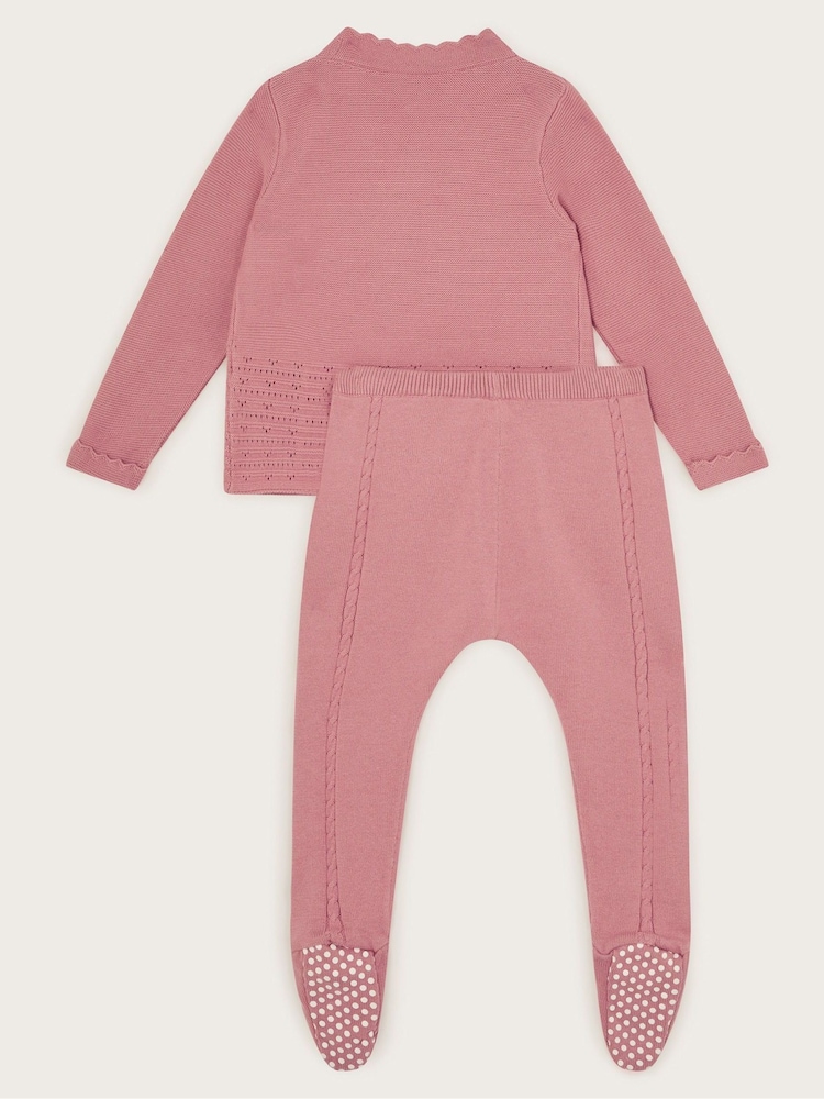 Monsoon Pink Newborn Knit 100% Cotton Cardigan and Leggings Set - Image 2 of 3