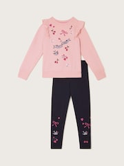 Monsoon Pink Love Embroidered 100% Cotton Jumper and Leggings Set - Image 1 of 3
