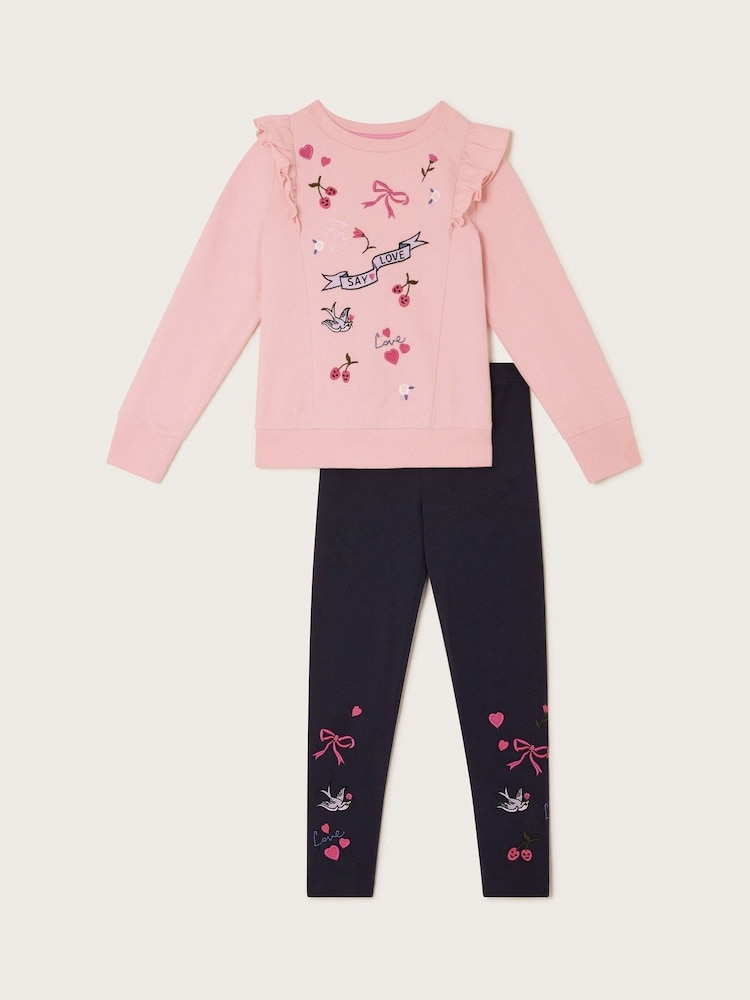 Monsoon Pink Love Embroidered 100% Cotton Jumper and Leggings Set - Image 1 of 3