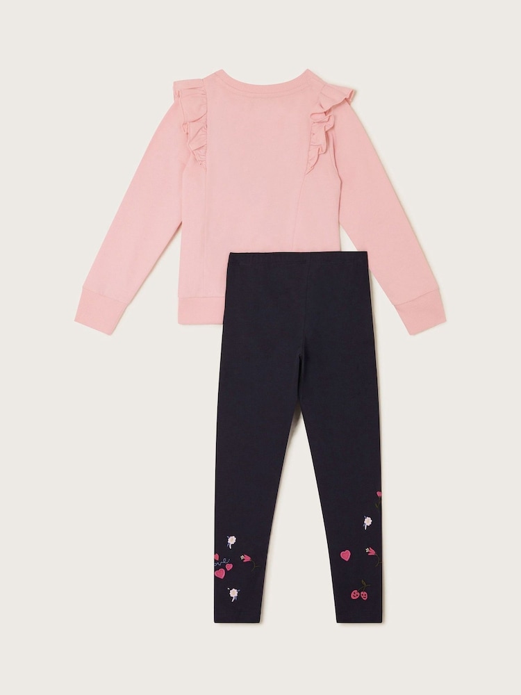 Monsoon Pink Love Embroidered 100% Cotton Jumper and Leggings Set - Image 2 of 3