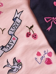 Monsoon Pink Love Embroidered 100% Cotton Jumper and Leggings Set - Image 3 of 3