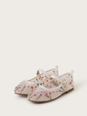 Monsoon Natural Floral Embroidered Mesh Ballet Flats - Image 1 of 3