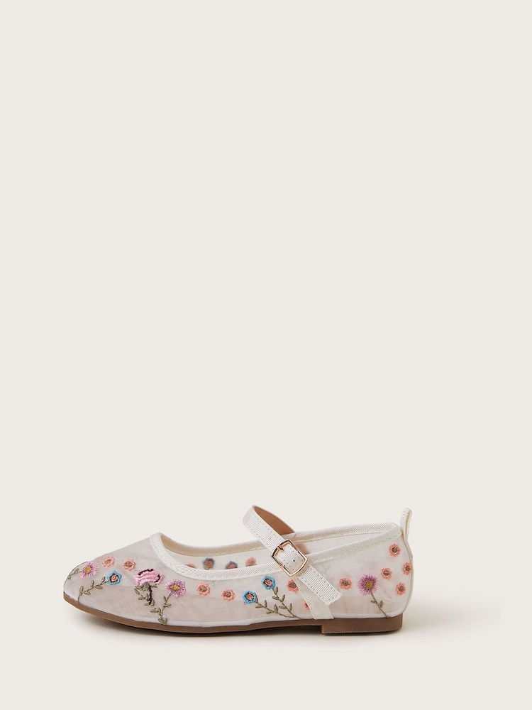 Monsoon Natural Floral Embroidered Mesh Ballet Flats - Image 2 of 3