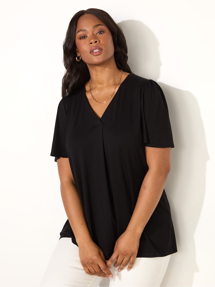 Live Unlimited Black Curve Print Pleat Front Flutter Sleeve Top - Image 3 of 3