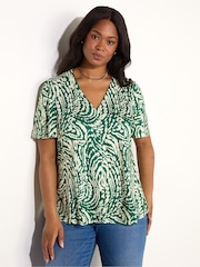 Live Unlimited Green Curve Mono Print Pleat Front Flutter Sleeve Top - Image 1 of 3