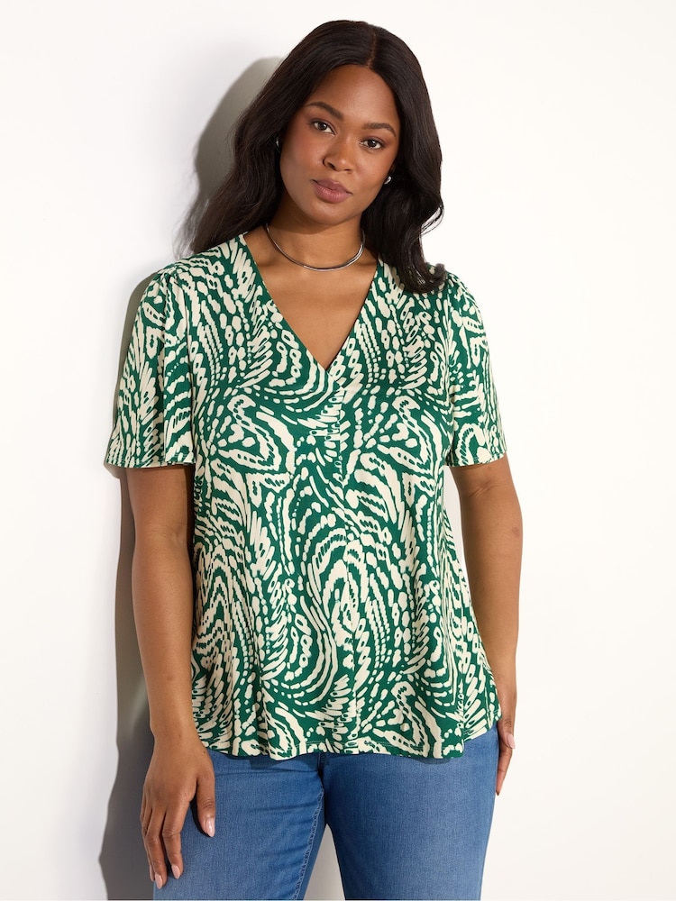 Live Unlimited Green Curve Mono Print Pleat Front Flutter Sleeve Top - Image 1 of 3